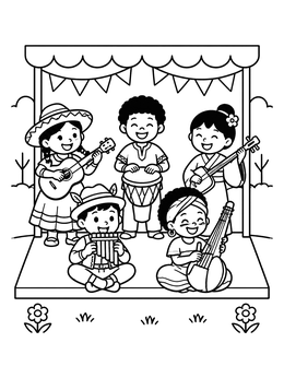 Free printable Children Folk Band On Stage coloring page