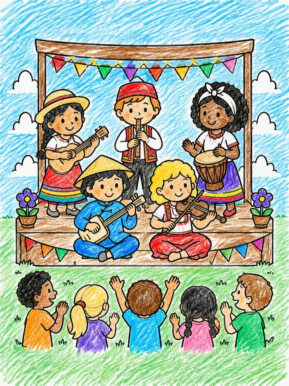 Colored example of the Children Folk Concert On Stage coloring page