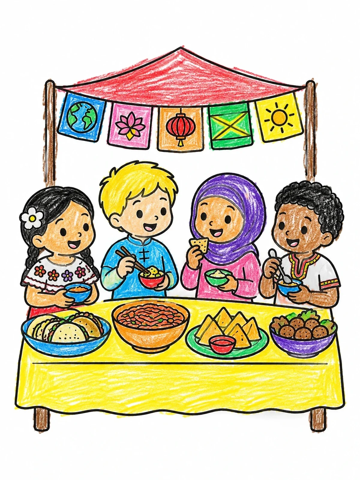 Colored example of the Children At International Food Fair coloring page