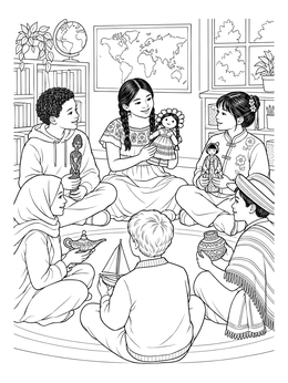 A cultural coloring page showing children in a classroom circle holding traditional dolls and heirlooms.