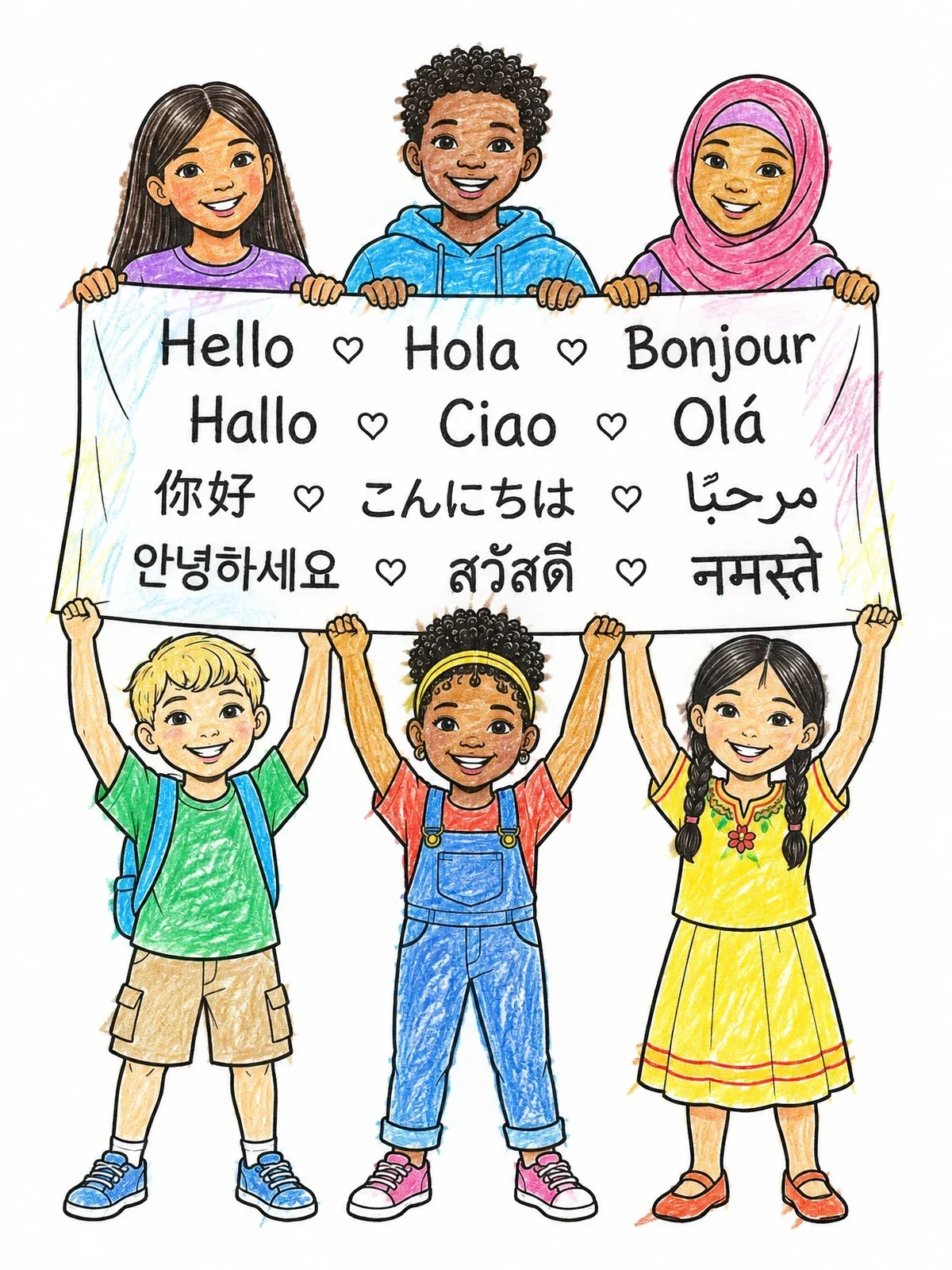 Colored example of the Children Holding World Greetings Banner coloring page