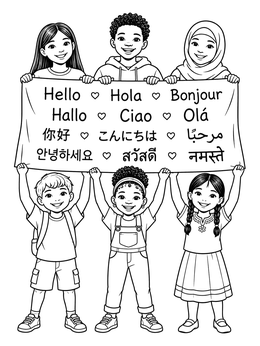 A cultural coloring page showing smiling diverse children holding a large banner with greetings in many languages.