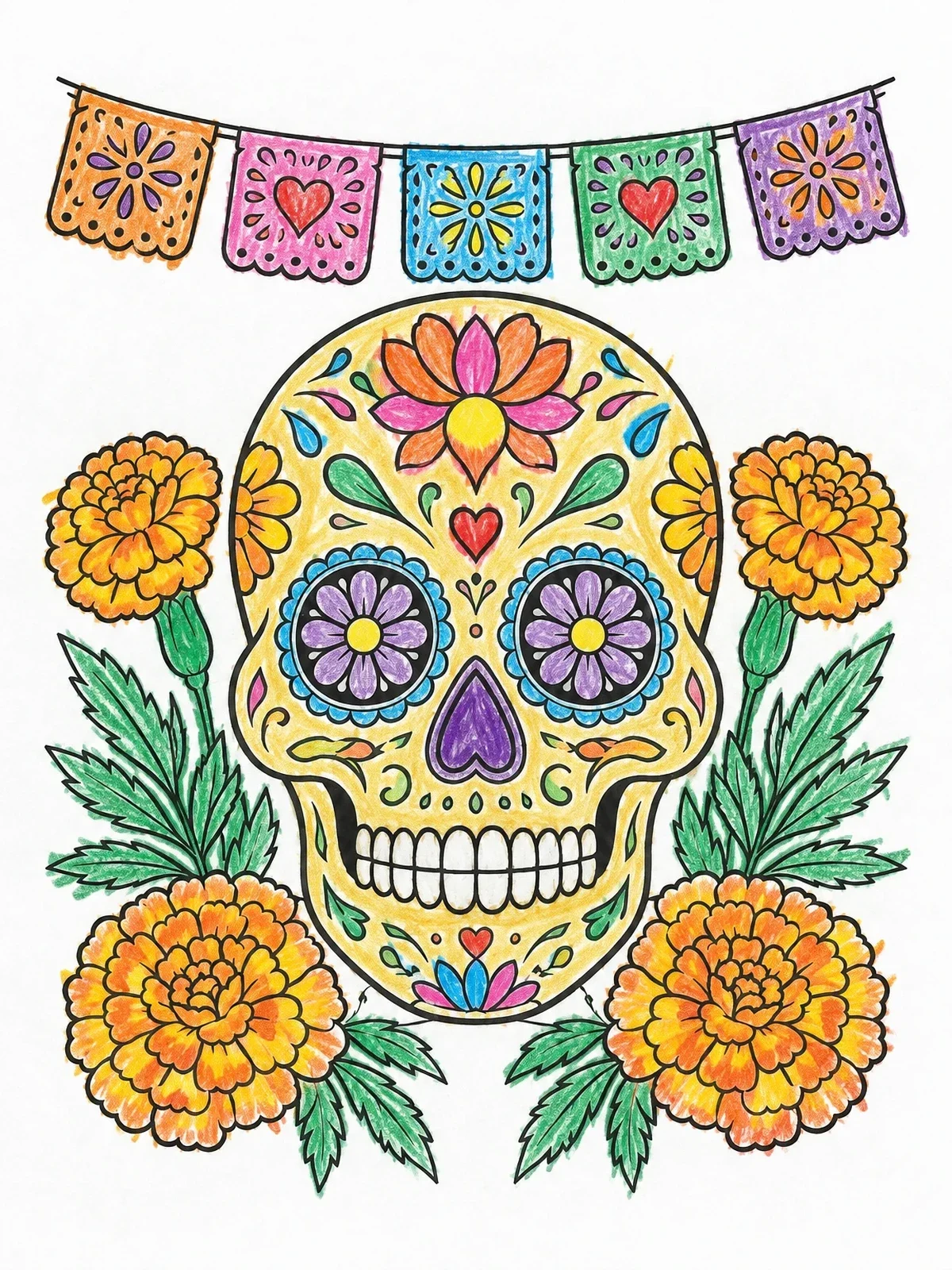Colored example of the Dia De Los Muertos Sugar Skull coloring page
