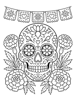 Ornate sugar skull surrounded by marigolds in a cultural coloring page.