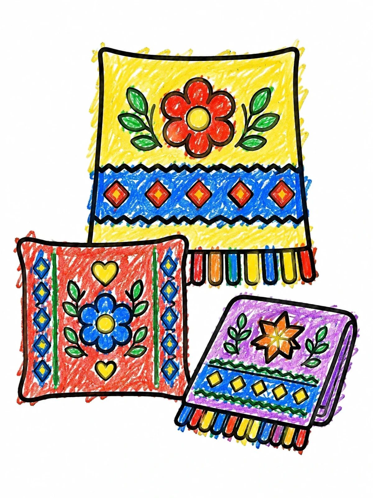 Colored example of the Embroidered Folk Pillows And Blanket coloring page