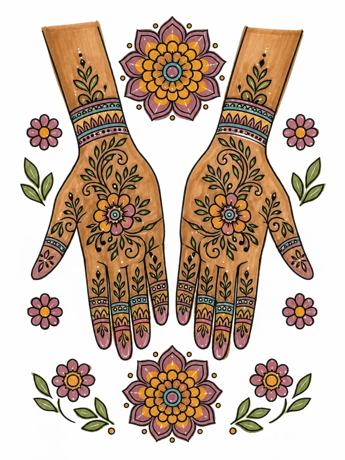 Colored example of the Henna Hands And Floral Rangoli Mandalas coloring page