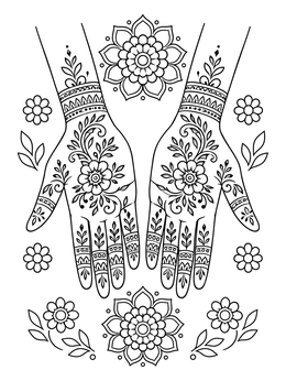 Two open palms with mehndi art in this cultural coloring page surrounded by floral mandala motifs.