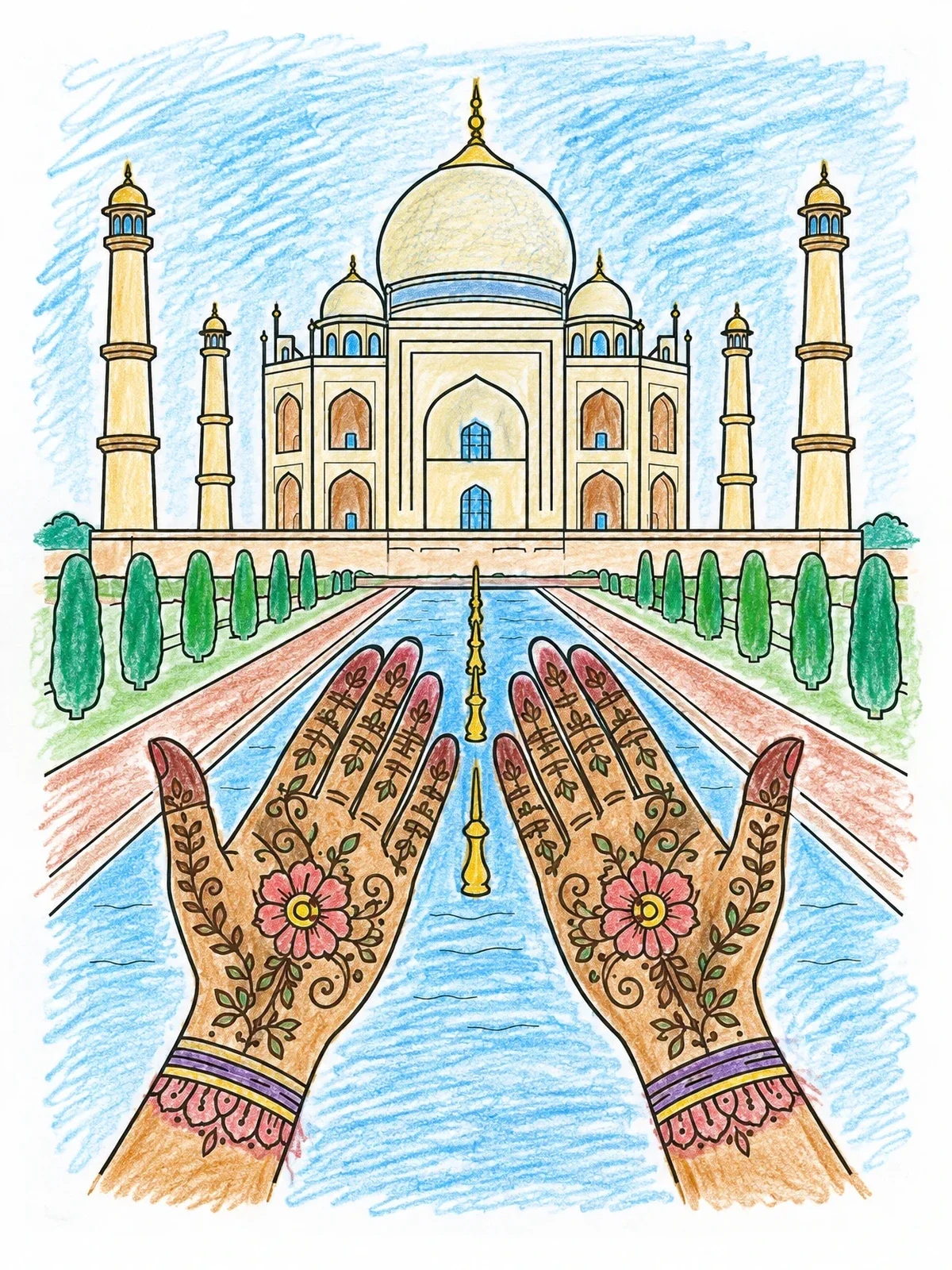 Colored example of the Henna Hands Before The Taj Mahal coloring page