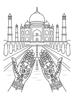 A cultural coloring page showing ornate henna-decorated hands held in front of the Taj Mahal.