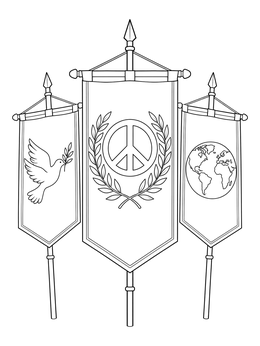 A cultural coloring page displaying hanging banners with a peace symbol, dove, and globe.