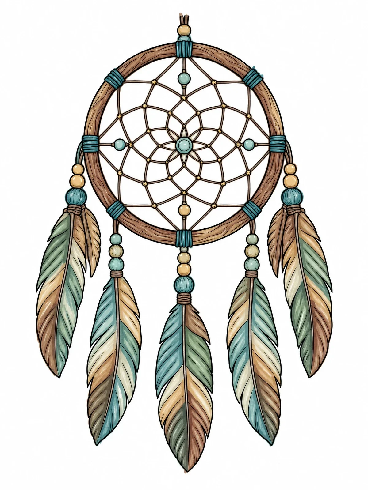 Colored example of the Intricate Traditional Dreamcatcher With Feathers coloring page
