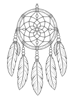 A detailed cultural coloring page displaying a woven dreamcatcher with beads and soft feathers.