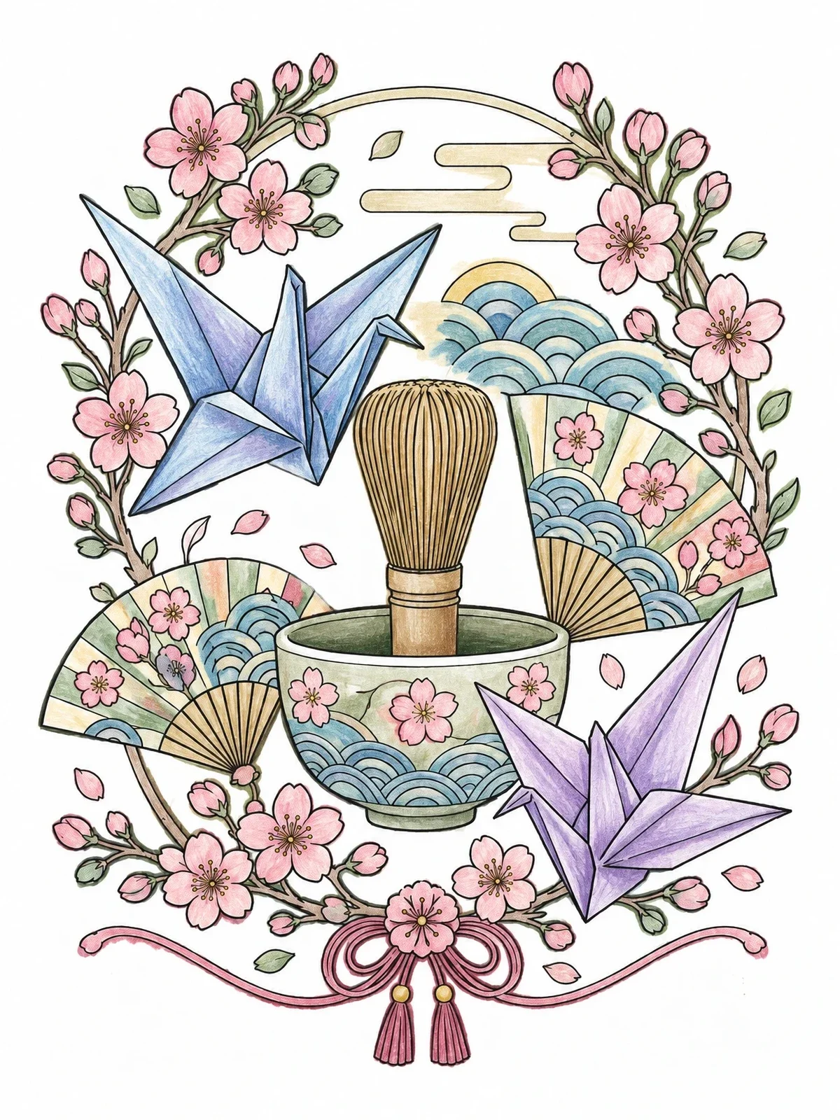 Colored example of the Japanese Tea Whisk And Origami Cranes coloring page