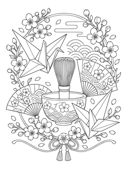 Origami cranes and a matcha whisk adorn this cultural coloring page surrounded by cherry blossoms.