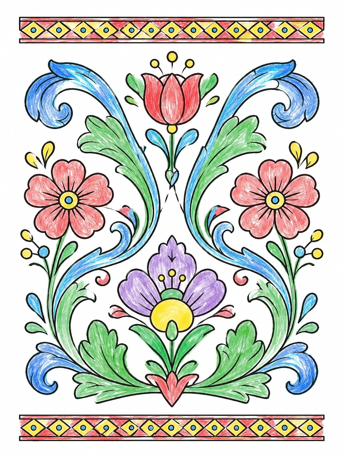 Colored example of the Norwegian Rosemaling Floral Pattern coloring page