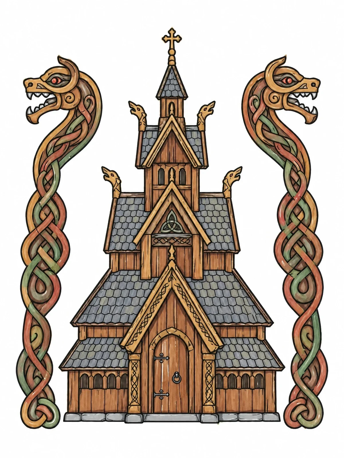 Colored example of the Norwegian Stave Church With Nordic Dragons coloring page