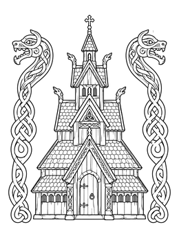 A detailed cultural coloring page showing a traditional wooden stave church flanked by carved Nordic serpents.