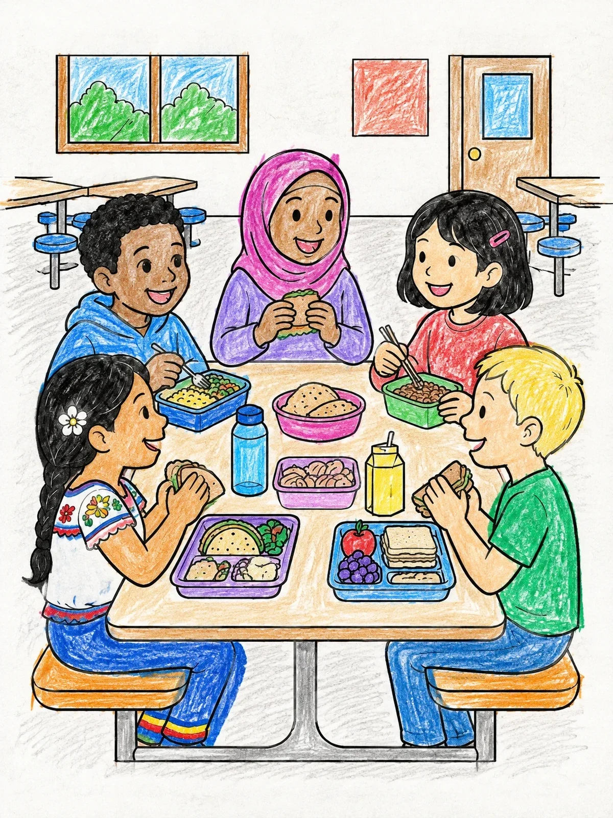 Colored example of the School Cafeteria Lunch With Friends coloring page