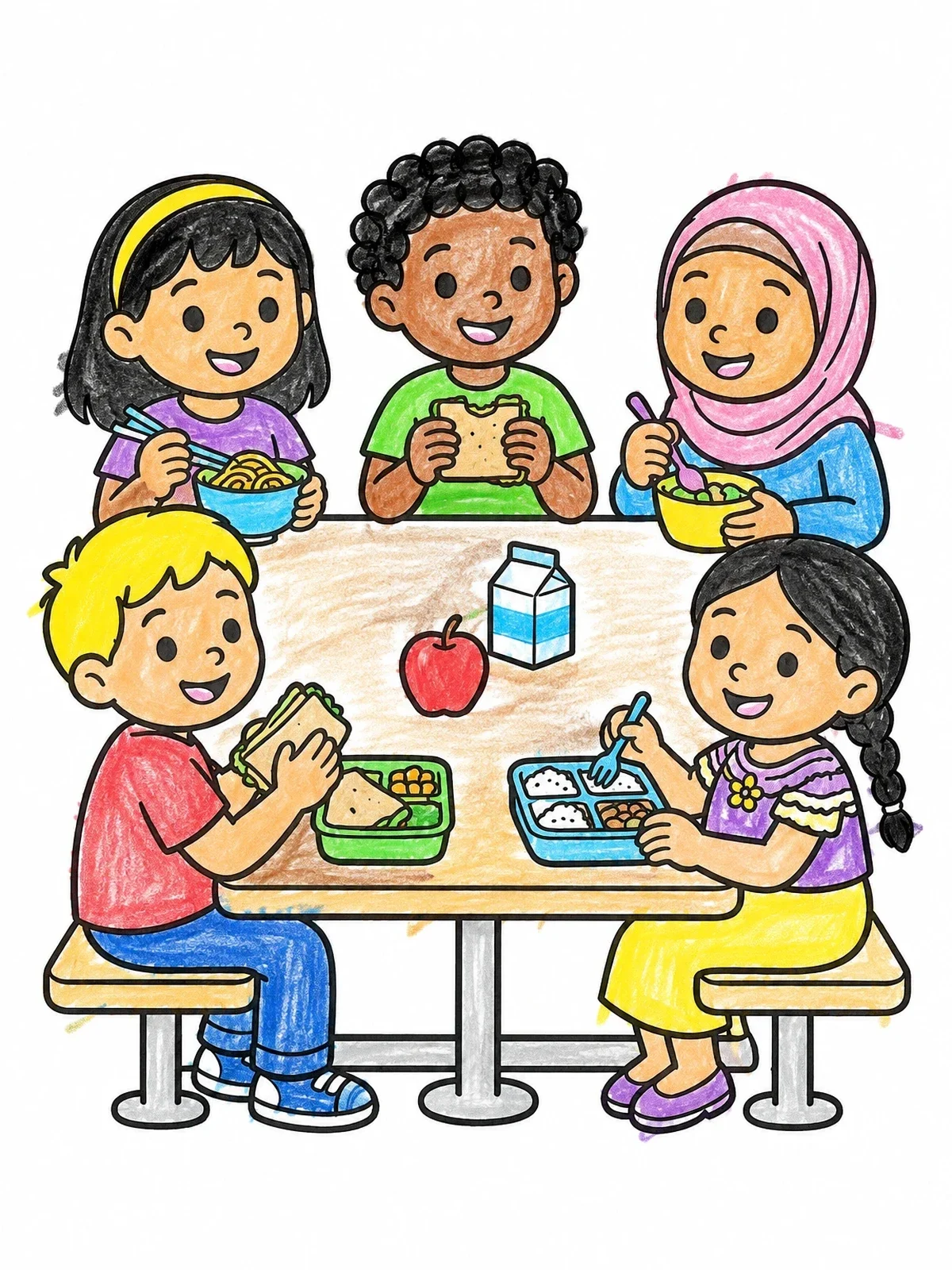 Colored example of the School Friends Sharing Lunch Together coloring page