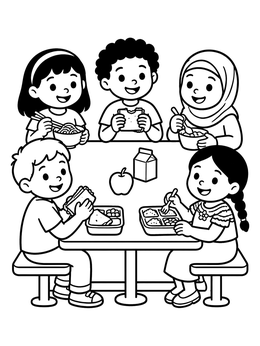 Free printable School Friends Sharing Lunch Together coloring page