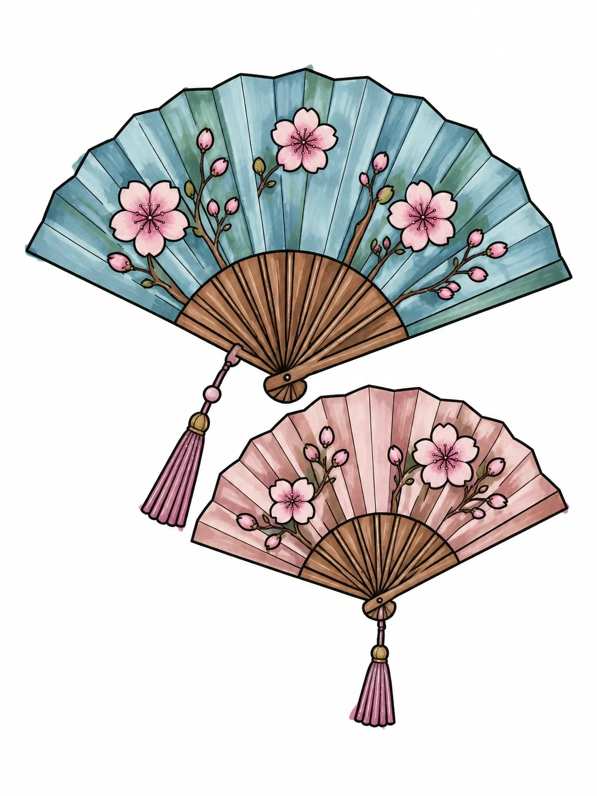 Colored example of the Traditional Folding Fans With Cherry Blossoms coloring page