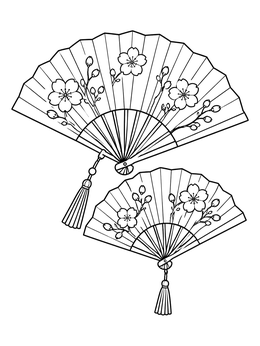 Two elegant Japanese folding fans with cherry blossoms decorate this cultural coloring page.