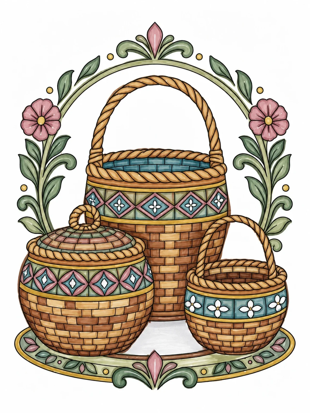 Colored example of the Traditional Handwoven Baskets With Floral Frame coloring page