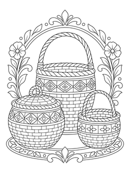 A cultural coloring page displaying three intricately patterned woven baskets inside a floral arch.