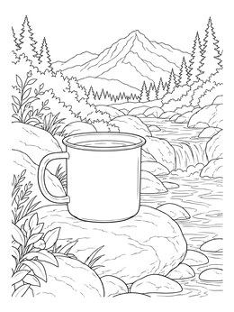 An enamel cup coloring page resting on a river rock beside a rushing mountain brook.
