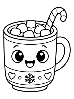 A cheerful cartoon cup coloring page with marshmallows and candy cane.