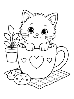 Free printable Fluffy Kitten In Heart Mug coloring page