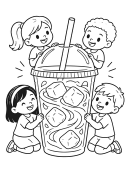 Free printable Happy Kids Around Giant Iced Drink coloring page