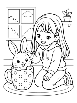 A happy girl pets a baby rabbit sitting inside a cup coloring page.