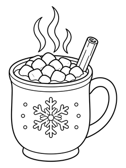 Steaming hot cocoa in a cup coloring page with marshmallows and cinnamon.