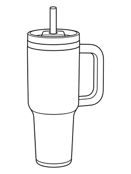 A modern insulated travel cup coloring page with a large handle and drinking straw.
