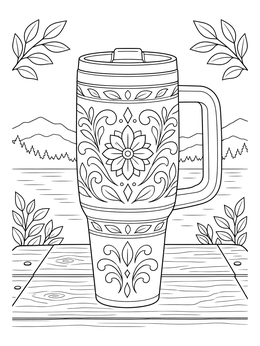 Detailed cup coloring page showing an engraved travel tumbler on a wooden table with mountains.