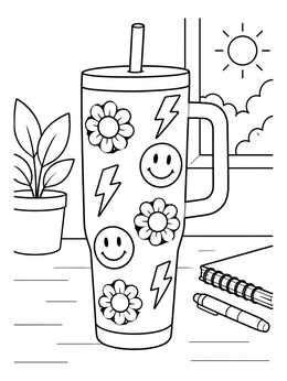 Free printable Decorated Travel Tumbler On Desk coloring page