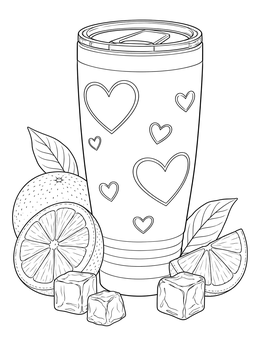 An insulated tumbler with hearts, orange slices, and ice in this cup coloring page.