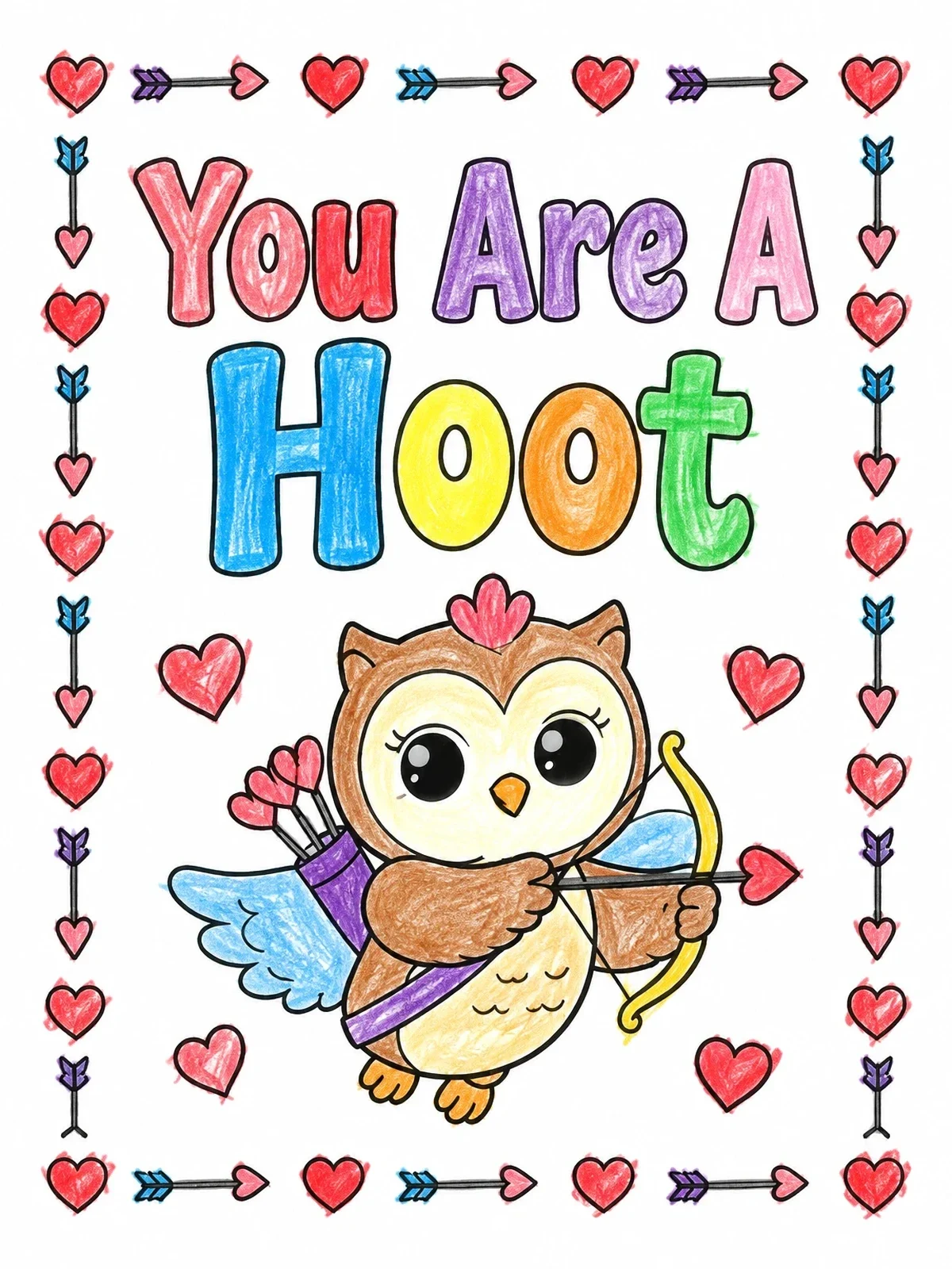 Colored example of the Cupid Owl With Heart Arrow coloring page