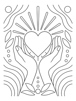 A serene sympathy coloring page featuring two cupped hands holding a radiating heart.