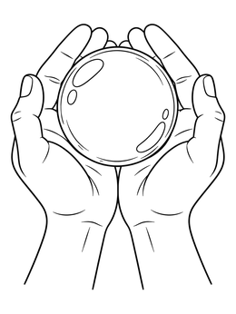 A soap coloring page showing two open hands gently holding a shiny, round soap bubble.