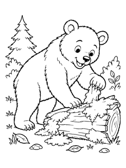 A friendly bear coloring page featuring a cute cub peeling moss from an old woodland log.