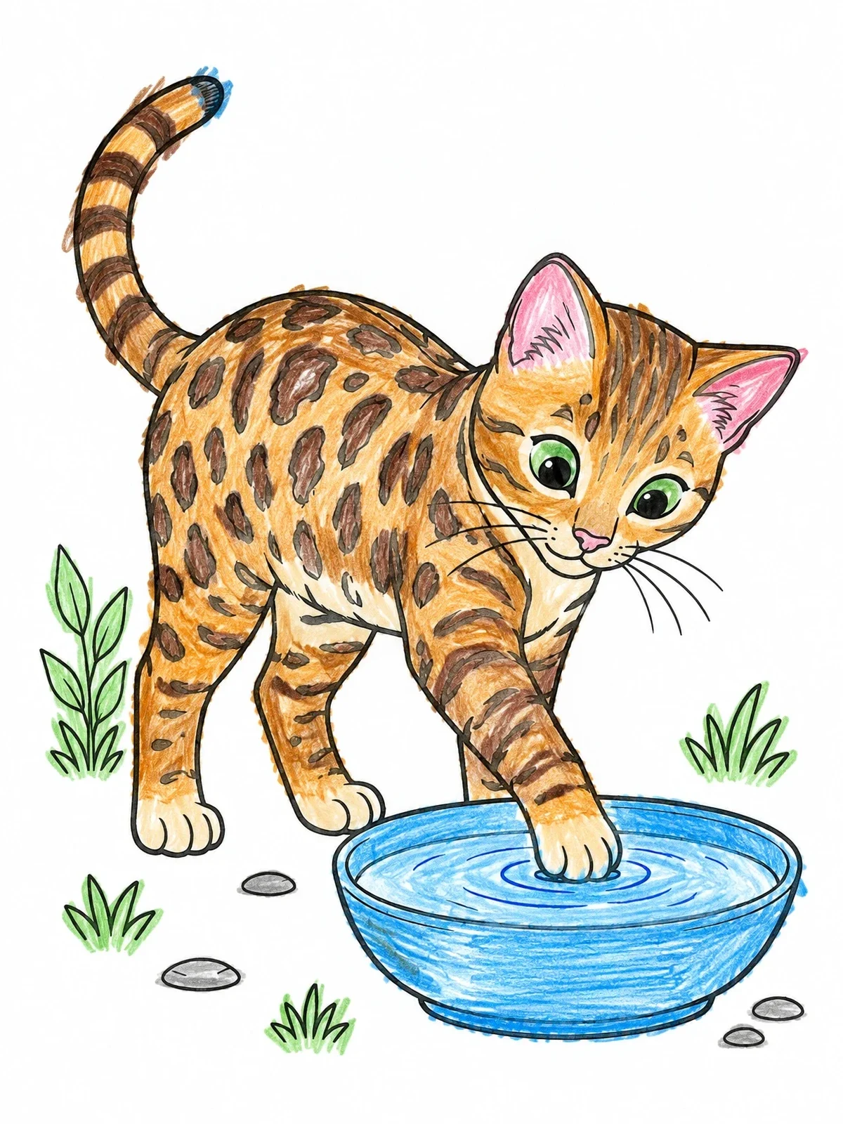 Colored example of the Curious Bengal Kitten At Water Bowl coloring page