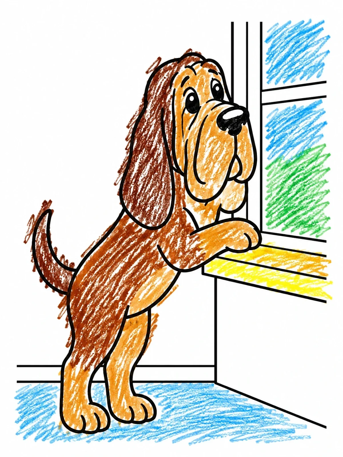 Colored example of the Curious Bloodhound At The Window coloring page