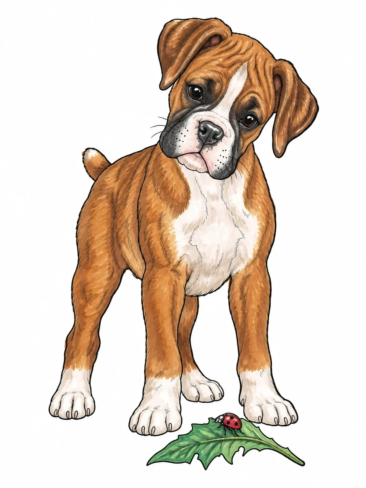 Colored example of the Curious Boxer Puppy And Ladybug coloring page