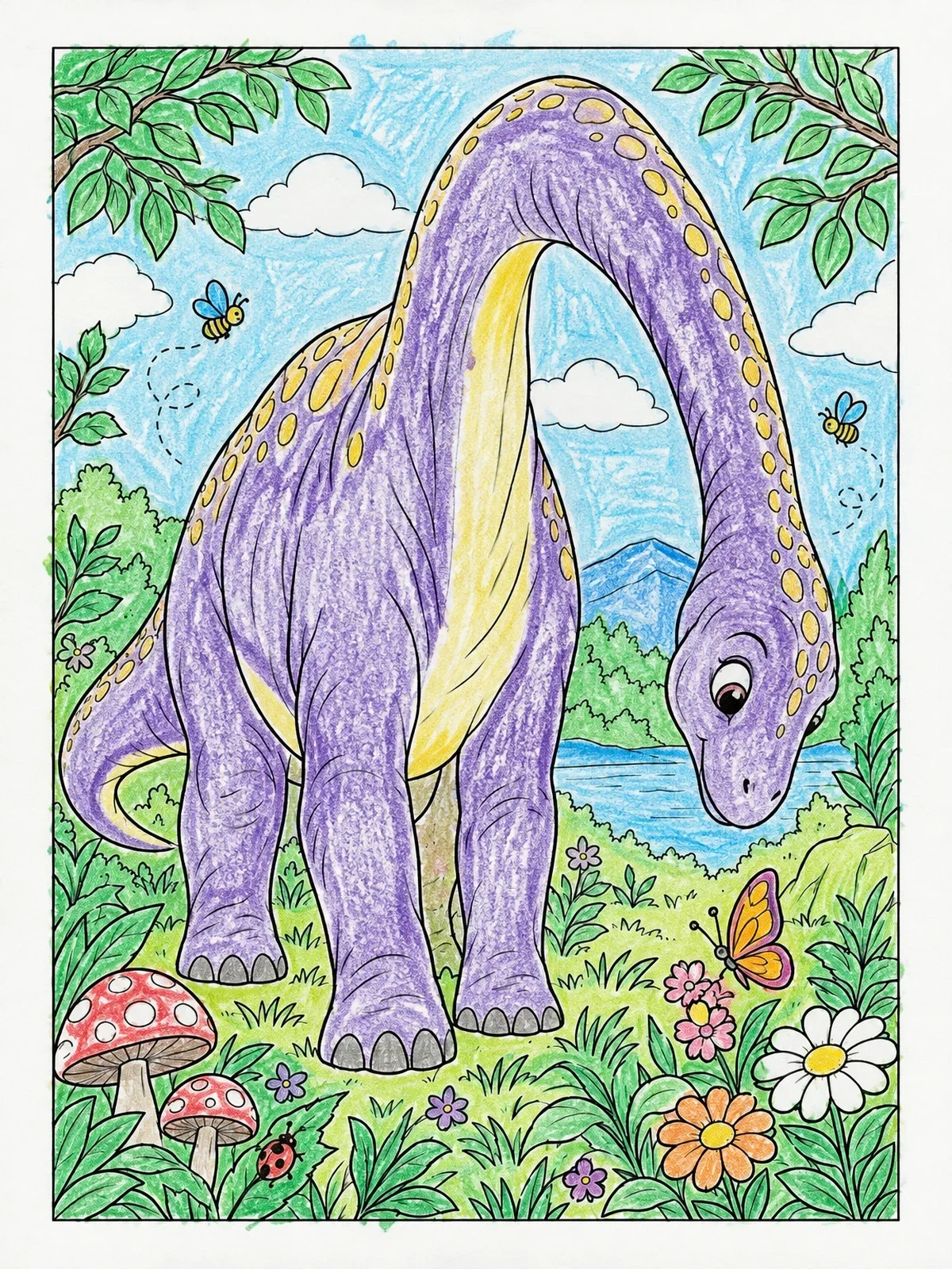 Colored example of the Curious Brachiosaurus Watching A Butterfly coloring page