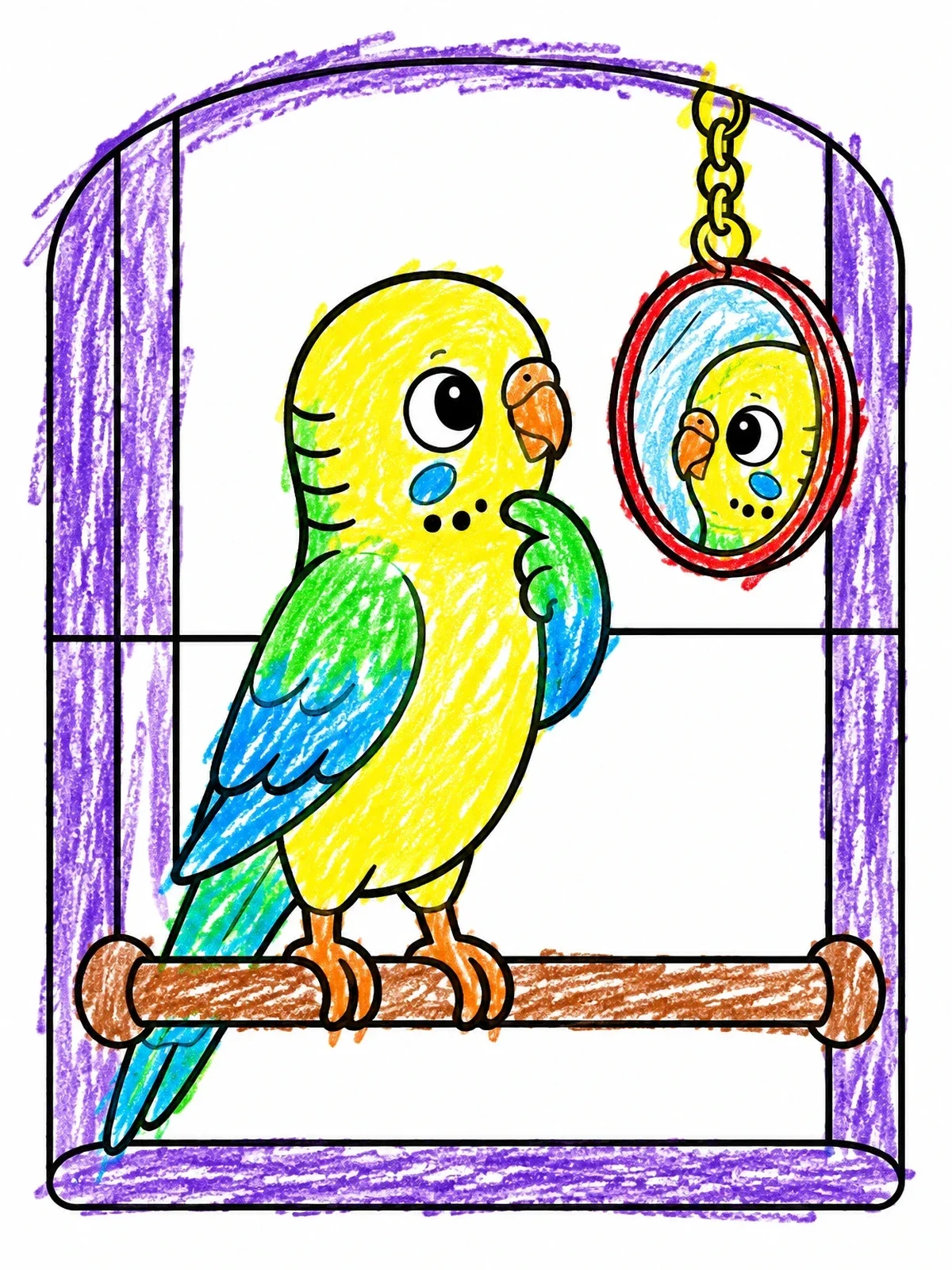 Colored example of the Curious Budgie Looking In Mirror coloring page