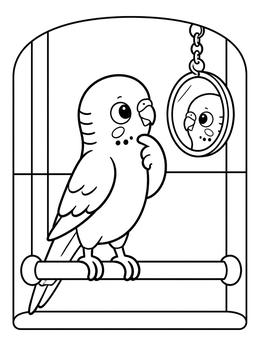 Free printable Curious Budgie Looking In Mirror coloring page
