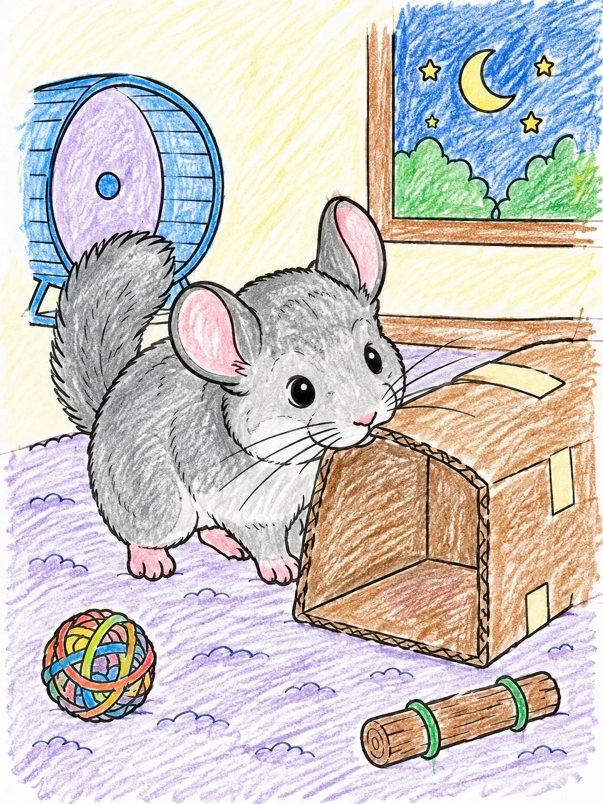 Colored example of the Curious Chinchilla Playing With Cardboard Tunnel coloring page