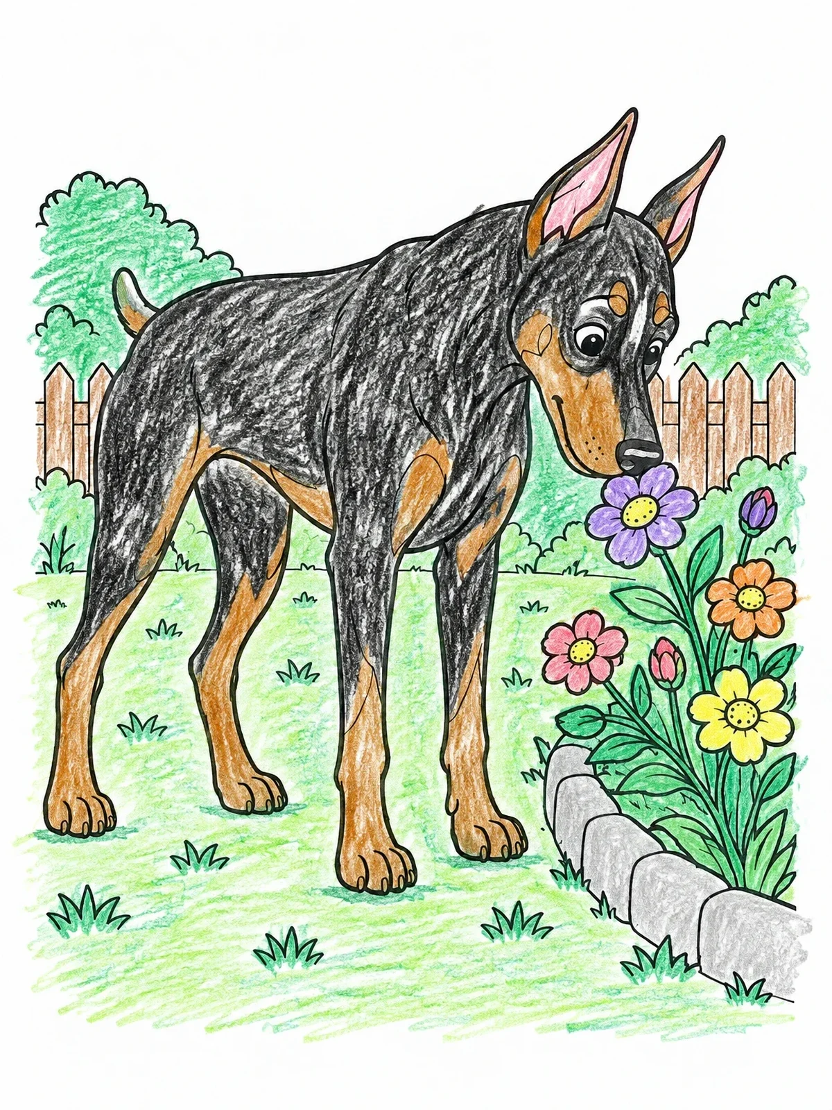 Colored example of the Curious Doberman Sniffing Garden Flowers coloring page